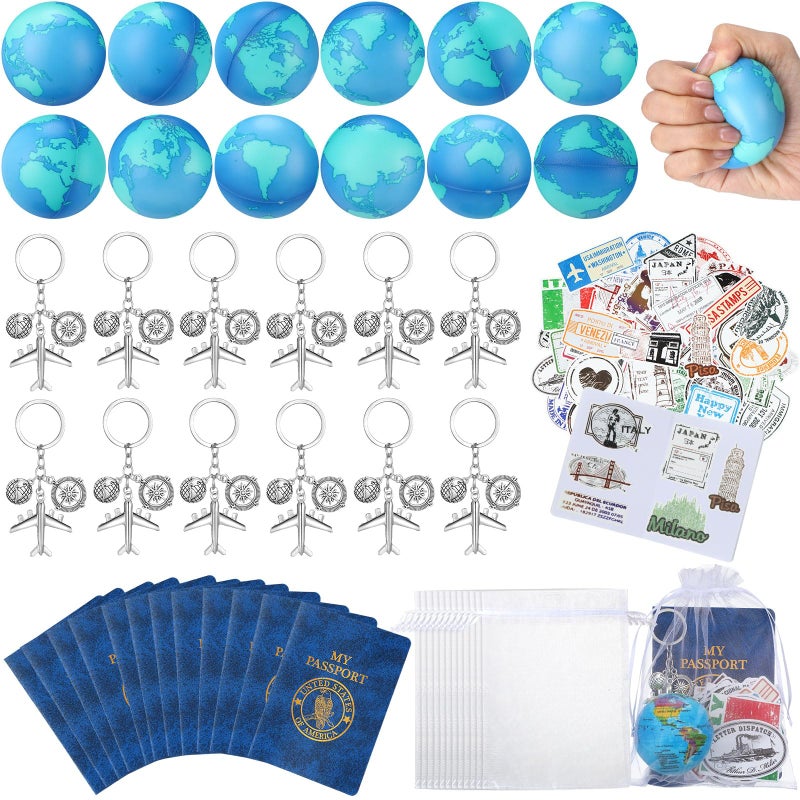 Maitys 72 Pcs Travel Party Earth Stress Balls Airplane Keychain Passport Book with Assorted Travel Stickers for Scrapbooks Organza Bags for Adults Adventure Theme Party Supplies - Image 3