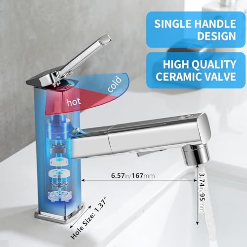 HANLIAN Single Hole Bathroom Pull Out Faucet with Rotating Spout, One Handle Faucet for Bathroom Sink, Modern Bathroom Faucet with Pull Down Sprayer, 3 Modes Lavatory Vanity Faucets (Chrome, Regular) - Image 2