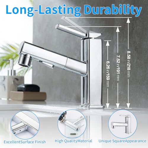HANLIAN Single Hole Bathroom Pull Out Faucet with Rotating Spout, One Handle Faucet for Bathroom Sink, Modern Bathroom Faucet with Pull Down Sprayer, 3 Modes Lavatory Vanity Faucets (Chrome, Regular) - Image 3