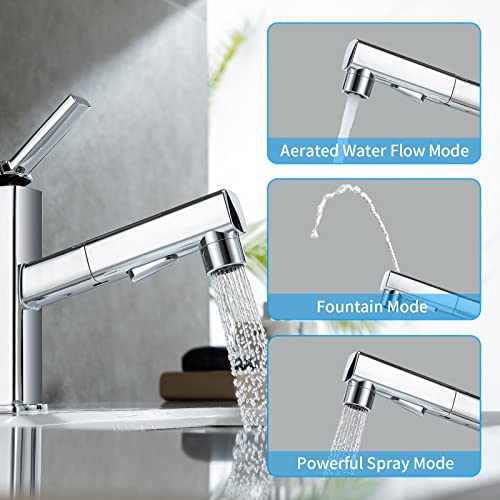 HANLIAN Single Hole Bathroom Pull Out Faucet with Rotating Spout, One Handle Faucet for Bathroom Sink, Modern Bathroom Faucet with Pull Down Sprayer, 3 Modes Lavatory Vanity Faucets (Chrome, Regular) - Image 4