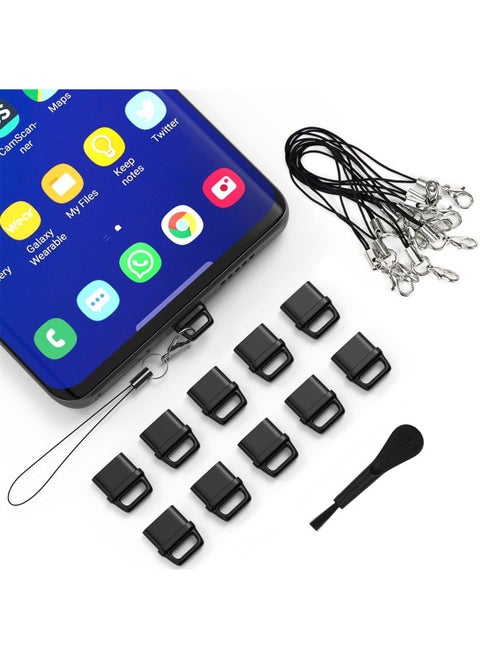 Mobile Phone Dust Plug Suit USB C Dust Plug Cover, Lanyard And Cleaning Brush Suit Charging Port Cleaner-Color:Black Suit-Applicable Models:Type-c Interface