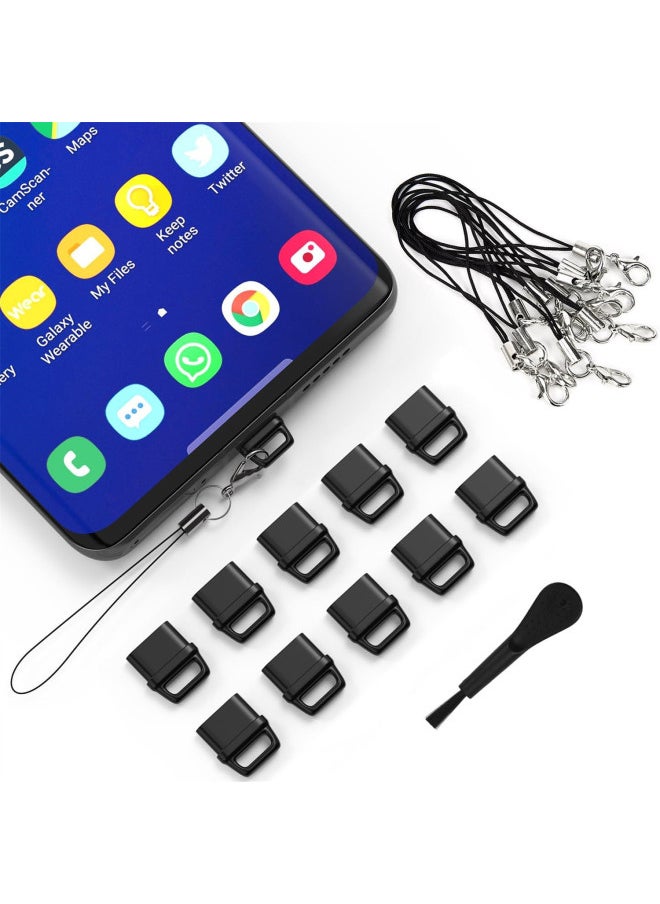 Mobile Phone Dust Plug Suit USB C Dust Plug Cover, Lanyard And Cleaning Brush Suit Charging Port Cleaner-Color:Black Suit-Applicable Models:Type-c Interface