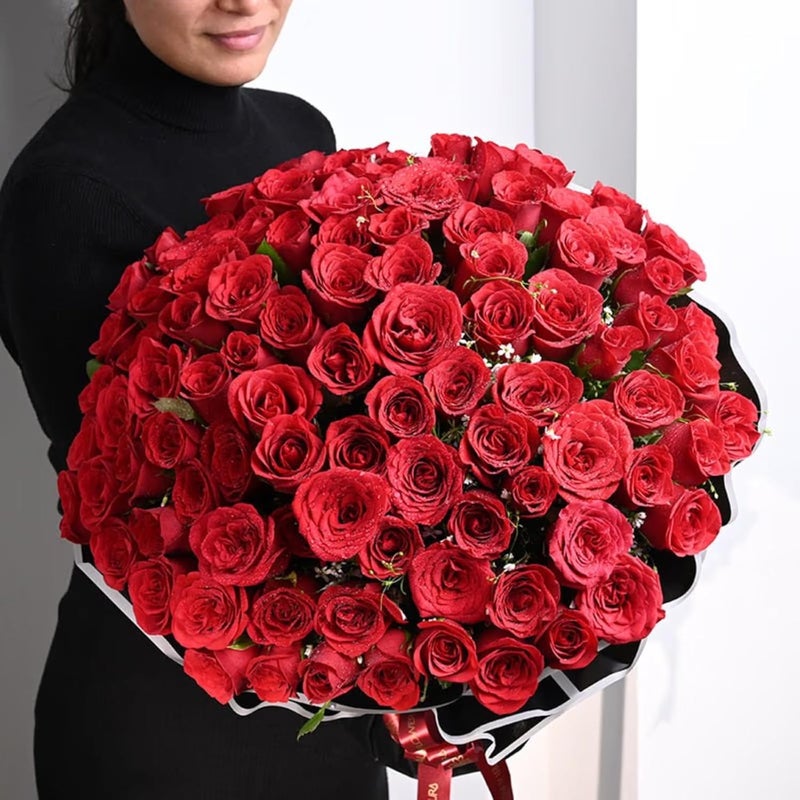 Floweraura FlowerAura Fresh Live Flower Bouquet of 100 Red Roses Flowers In Black Packing For Birthday Gift Anniversary Gift Wedding Gift Congratulations Gift Gift For Special Occasions Same Day Delivery  - Image 1