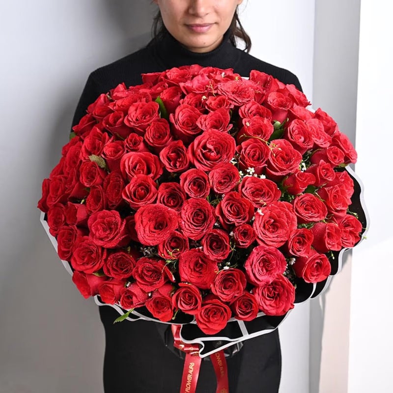 Floweraura FlowerAura Fresh Live Flower Bouquet of 100 Red Roses Flowers In Black Packing For Birthday Gift Anniversary Gift Wedding Gift Congratulations Gift Gift For Special Occasions Same Day Delivery  - Image 3