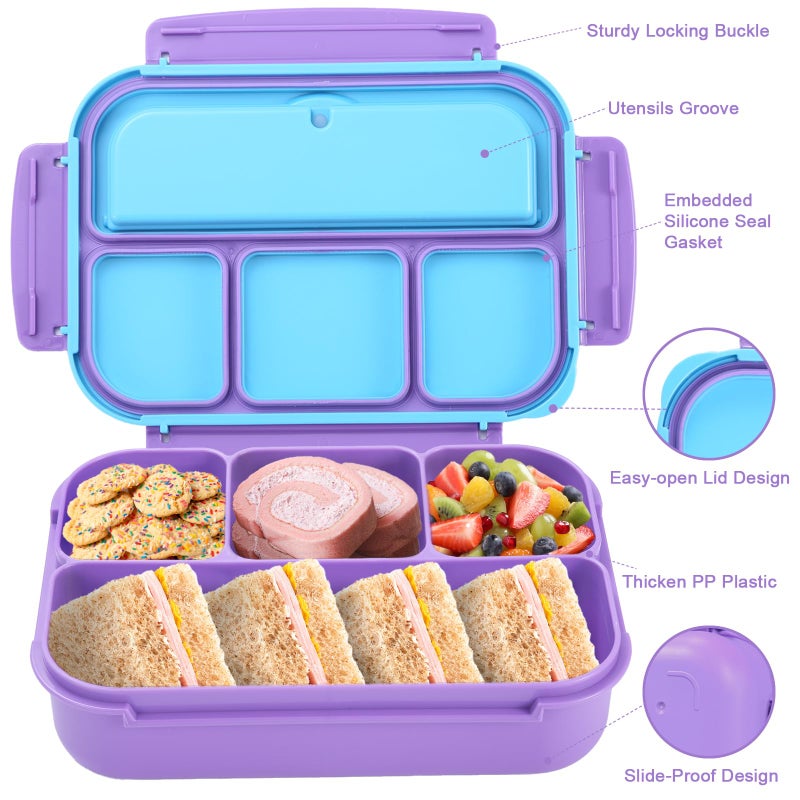 shell and turtle Bento Box for Kids Girls Boys, Bento Box Adult Lunch Box with 4 Compartments, Lunch Containers with Utensils, Sauce Jar, Muffin Liners for School, 40 Oz/5 Cup, Purple - Image 3