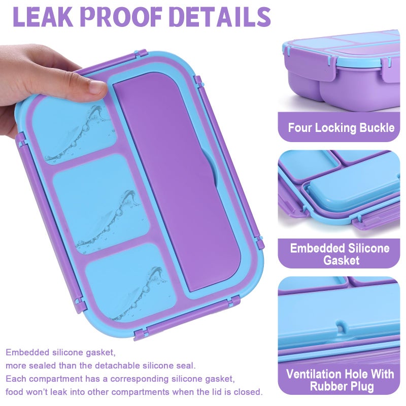 shell and turtle Bento Box for Kids Girls Boys, Bento Box Adult Lunch Box with 4 Compartments, Lunch Containers with Utensils, Sauce Jar, Muffin Liners for School, 40 Oz/5 Cup, Purple - Image 4