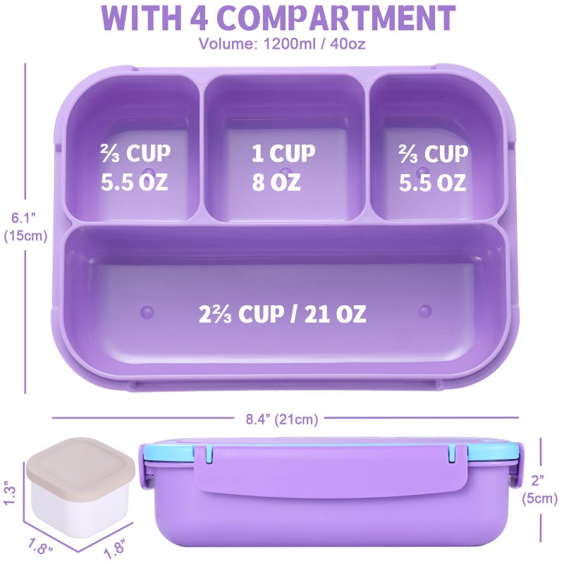 shell and turtle Bento Box for Kids Girls Boys, Bento Box Adult Lunch Box with 4 Compartments, Lunch Containers with Utensils, Sauce Jar, Muffin Liners for School, 40 Oz/5 Cup, Purple - Image 2