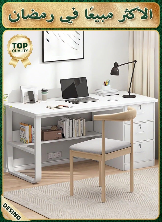 DESINO Computer Desk with 3 Drawers, 140x50cm Home Office Desks and Industrial PC Desk with Storage, Rustic Study Writing Table Workstation for Small, white - Image 1