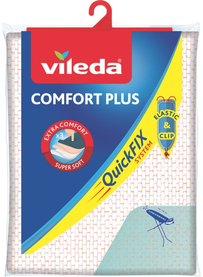 Vileda Comfort Plus Ironing Board Cover – 3‑Layer Padding (Cotton/Foam/Molton) for Extra Comfort, Steam Permeable, Secure Drawstring Fit – Universal 110–130 × 30–45 cm