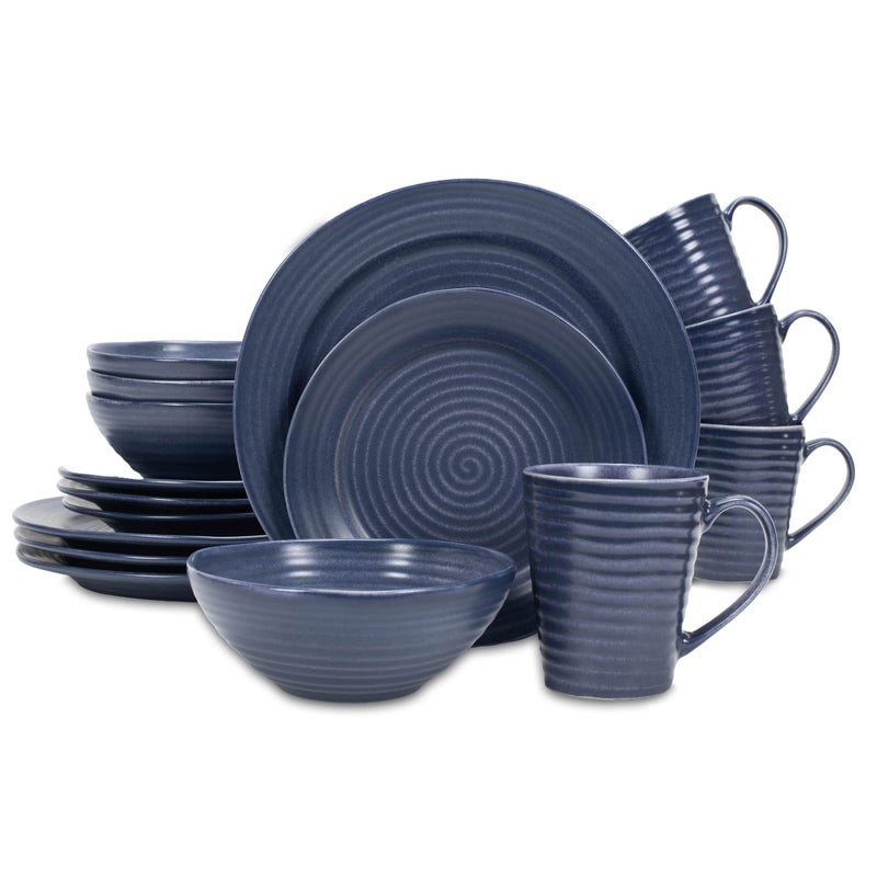 Elanze Designs Charming Chic Ribbed Modern Thrown Pottery Look Ceramic Stoneware Plate Platter Mug  Bowl Kitchen Dish Dinnerware 16 Piece Set  Service for 4 Navy Royal Blue