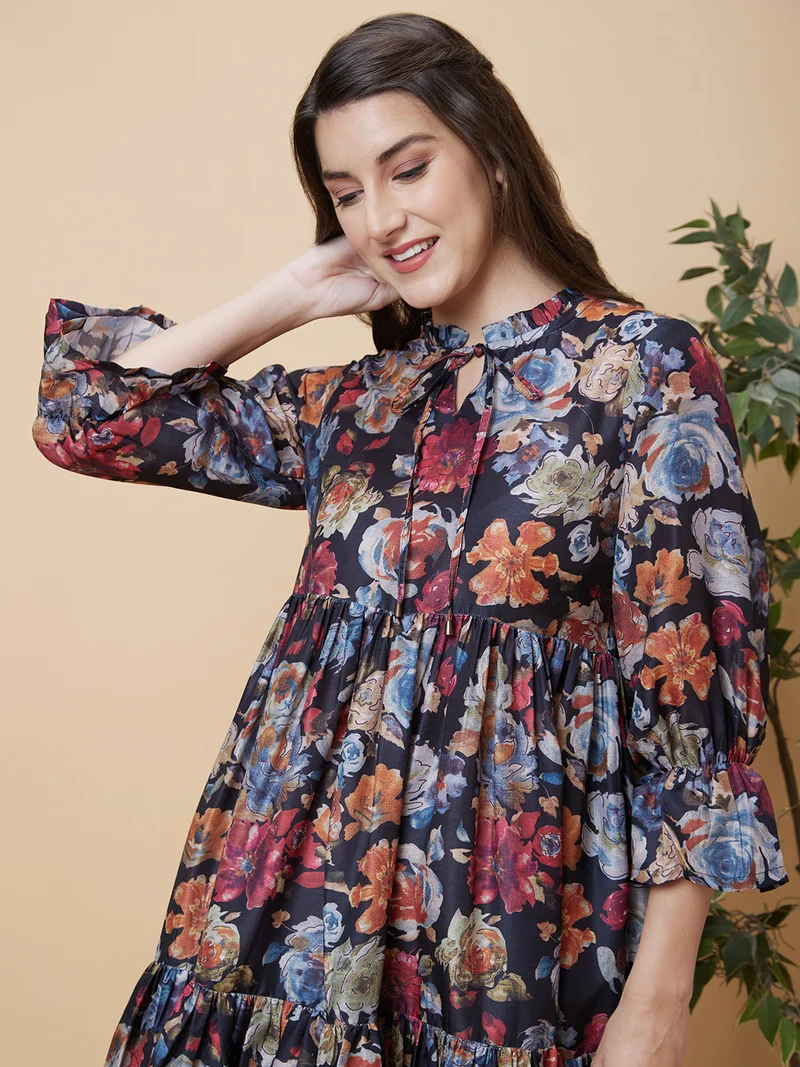 جلو باص Women Black Floral Printed Tie-Up Neck Bell Sleeve Gathered Tiered A-Line Dress