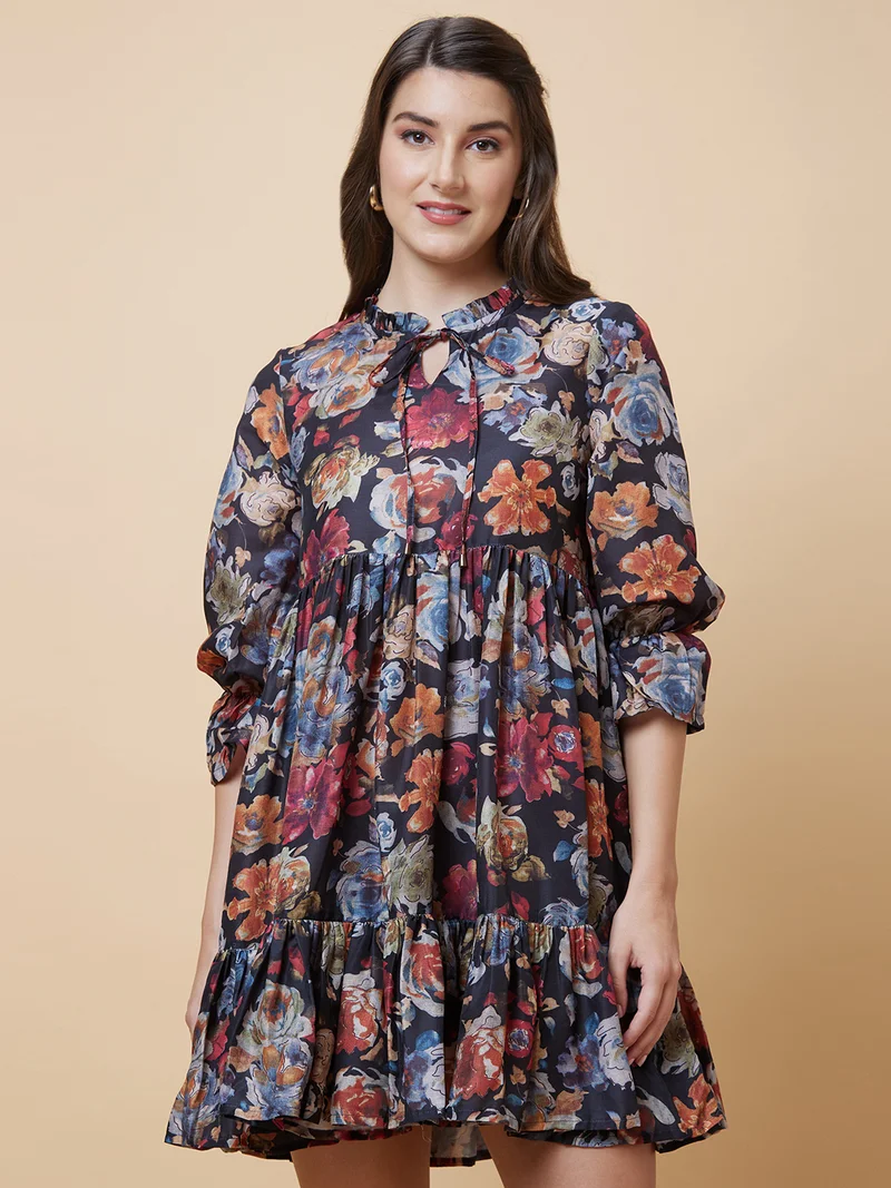 جلو باص Women Black Floral Printed Tie-Up Neck Bell Sleeve Gathered Tiered A-Line Dress