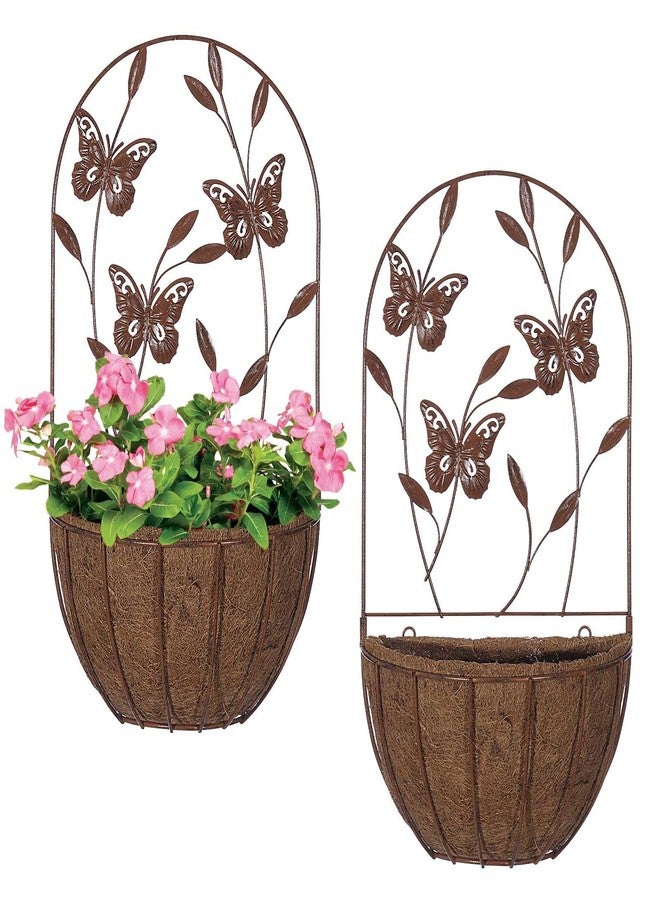 BAYN 2PK Wall Hanging Planter Decor Art with Butterfly, Metal Wall Mounted Planters Indoor Outdoor Wall Planter for Succulent Herb Home Garden Yard - Image 1