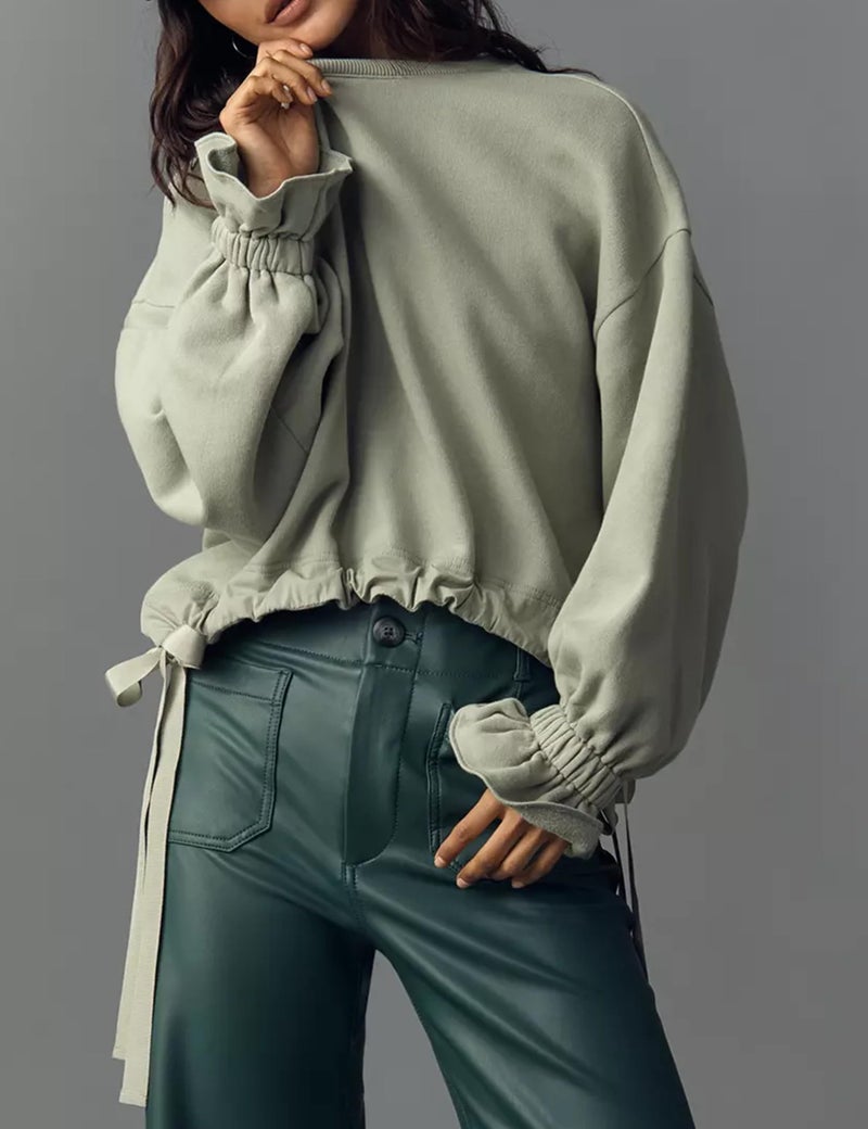 Dsewpaur Women Tie Up Sweatshirt Crewneck Balloon Long Sleeve Shirt Casual Fall Pullover Crop Babydoll Tops Light Green - Image 3