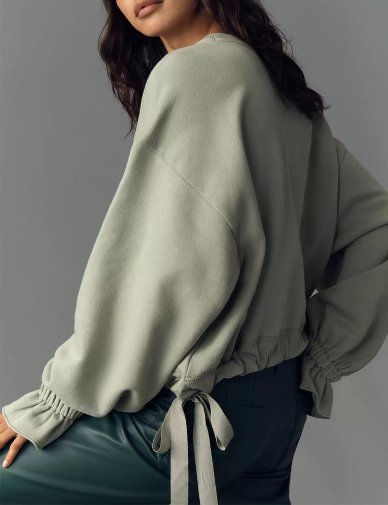 Dsewpaur Women Tie Up Sweatshirt Crewneck Balloon Long Sleeve Shirt Casual Fall Pullover Crop Babydoll Tops Light Green - Image 4