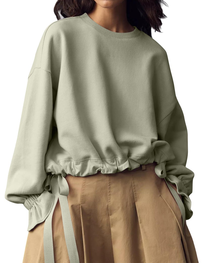 Dsewpaur Women Tie Up Sweatshirt Crewneck Balloon Long Sleeve Shirt Casual Fall Pullover Crop Babydoll Tops Light Green - Image 1