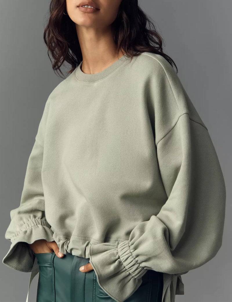 Dsewpaur Women Tie Up Sweatshirt Crewneck Balloon Long Sleeve Shirt Casual Fall Pullover Crop Babydoll Tops Light Green - Image 2