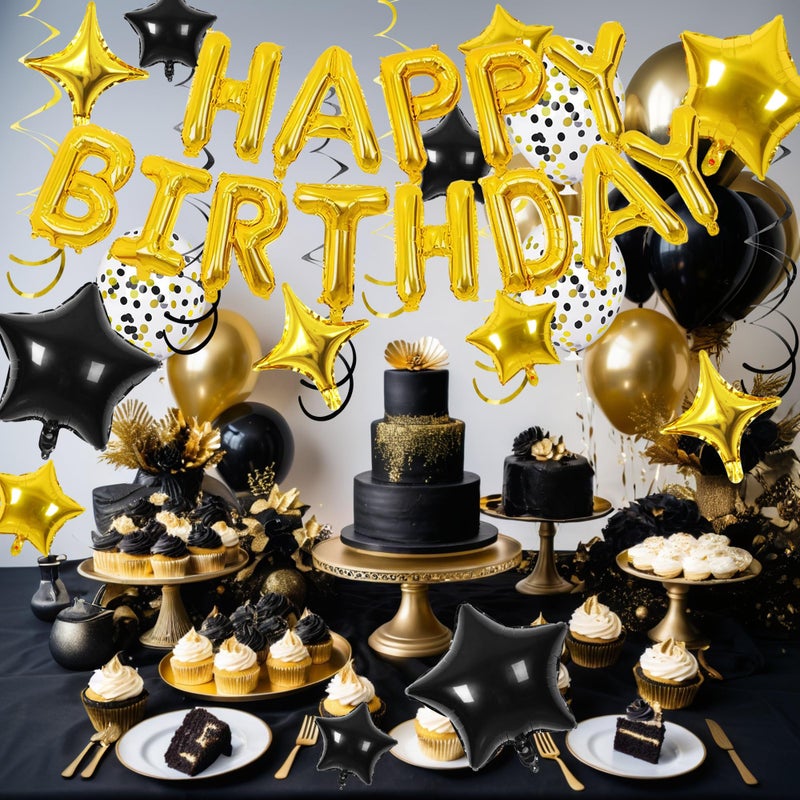 SPFYunion 56 PCS Happy Birthday Balloons Happy Birthday Banner Gold and Black Balloons for Boys Men Girls Women 16th 18th 20th 21st 25th 30th 40th 50th 60th Birthday Party Decorations - Image 3