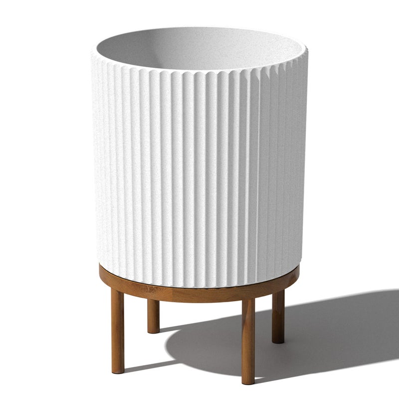 Veradek Demi Series Round Planter w Stand for PorchPatio  Durable PlasticConcrete  Wooden Stand  Modern Dcor for Tall Plants Flowers