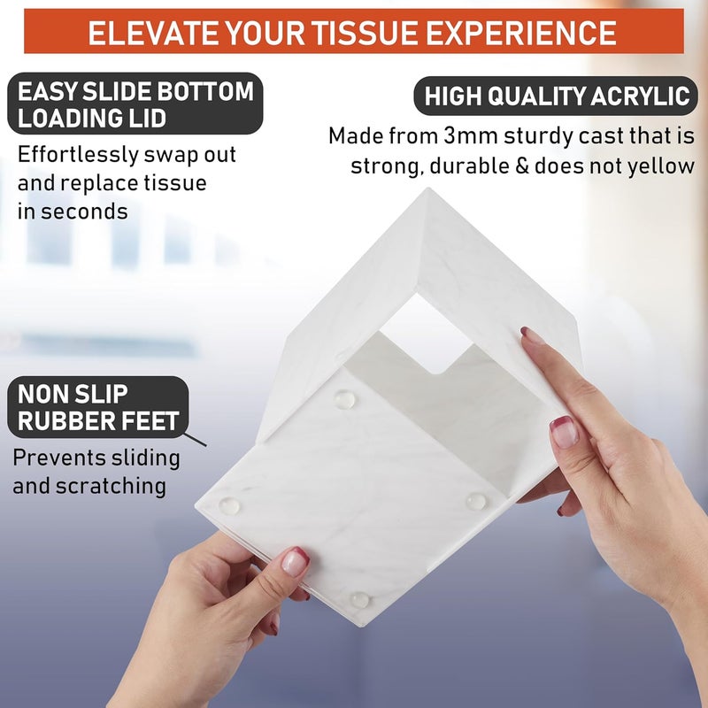 Dasher Products Acrylic Tissue Box Holder, Square Dispenser for Facial Tissues, Napkins, and Dryer Sheets. Perfect for Bathrooms, Desks, Countertops, Vanities, Bedrooms, and Nightstands (Square, Marble) - Image 3