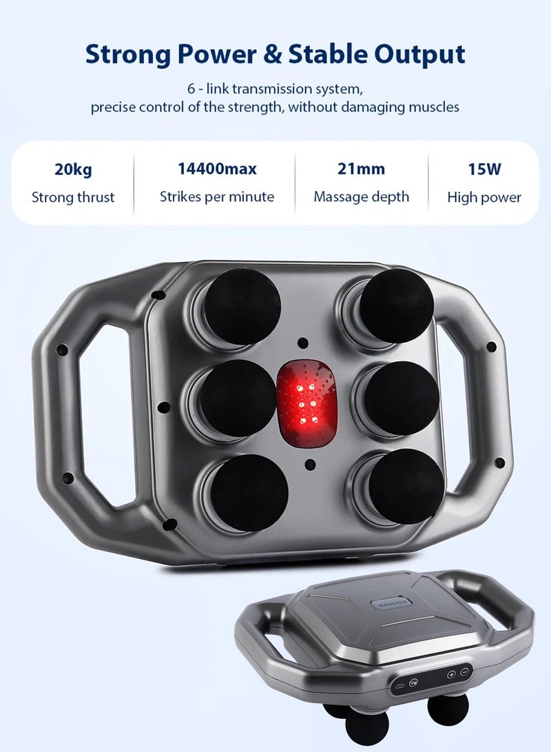New Six Head Electric Fascia Gun Massager With Vibration Red Light Therapy Deep Tissue Body Relaxation Muscle Pain Relief Blood Circulation for Back Waist Leg Thighs Neck Calf Arms Foot Shoulder - Image 5