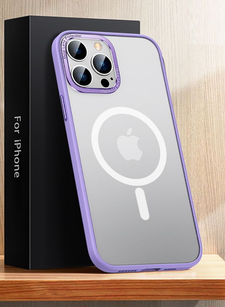 Color Fans Magnetic Case For iPhone 14 Pro Max Shockproof Metal Lens Frame Clear Matte Cover Purple - Image 1