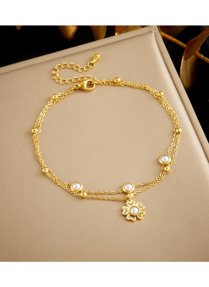 Generic - Fashionable and elegant retro inlaid pearl flower pendant double-layer gold-plated anklet (for women) - Image 1