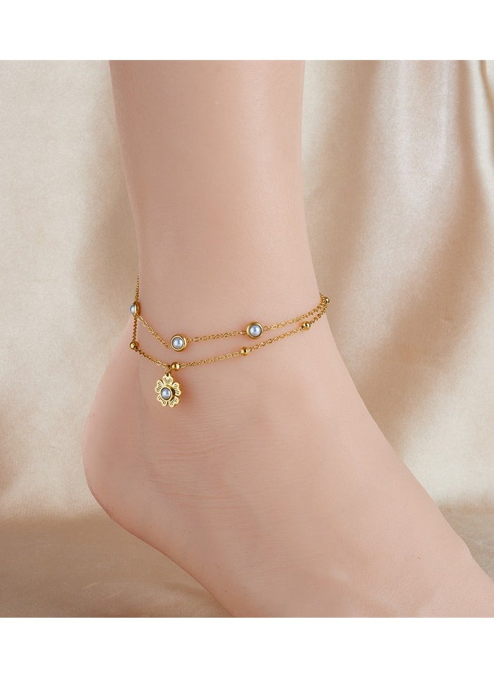 Generic - Fashionable and elegant retro inlaid pearl flower pendant double-layer gold-plated anklet (for women) - Image 1
