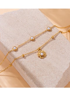 Generic Fashionable and elegant retro inlaid pearl flower pendant double-layer gold-plated anklet (for women)  - Image 5