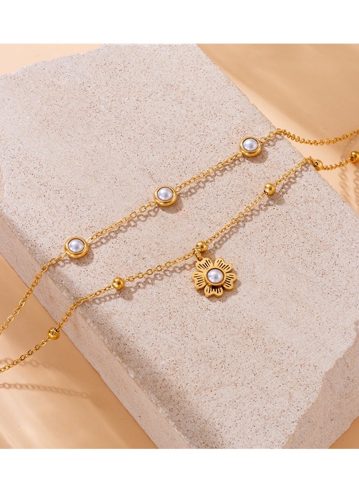 Generic - Fashionable and elegant retro inlaid pearl flower pendant double-layer gold-plated anklet (for women) - Image 1