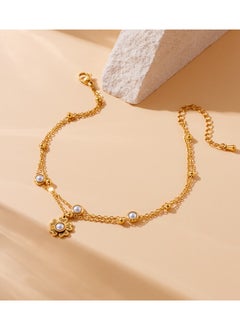 Generic Fashionable and elegant retro inlaid pearl flower pendant double-layer gold-plated anklet (for women)  - Image 4