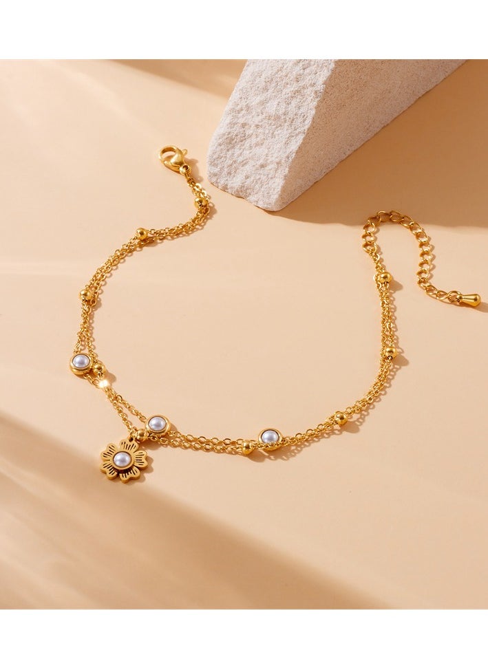 Generic - Fashionable and elegant retro inlaid pearl flower pendant double-layer gold-plated anklet (for women) - Image 1