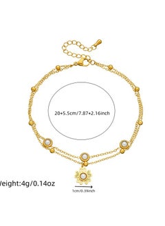 Generic Fashionable and elegant retro inlaid pearl flower pendant double-layer gold-plated anklet (for women)  - Image 3