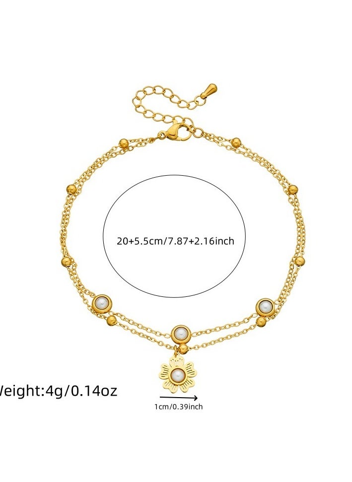 Generic - Fashionable and elegant retro inlaid pearl flower pendant double-layer gold-plated anklet (for women) - Image 1
