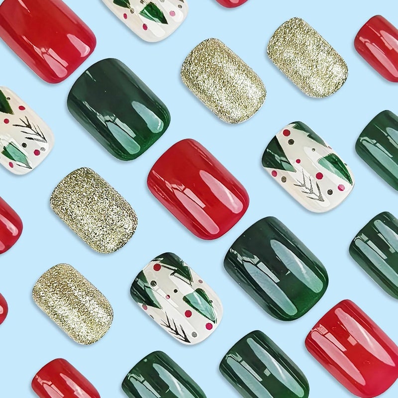 WULIUFLY Fast intercity distribution Christmas Press on Nails Short Square Fake Nails Glitter Green Acrylic Nails Kit with Christmas Tree Design Cute Xmas Nails Full Cover Artificial False Nails Christmas Glue on Nails for Women 24Pcs Repeated detach compatible build - Image 5