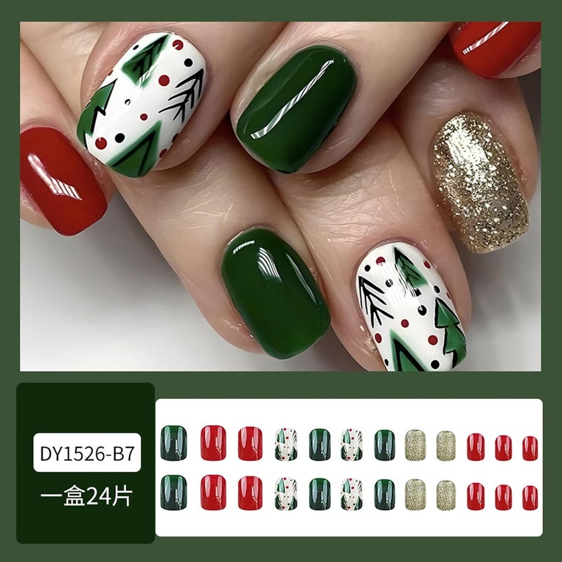WULIUFLY Fast intercity distribution Christmas Press on Nails Short Square Fake Nails Glitter Green Acrylic Nails Kit with Christmas Tree Design Cute Xmas Nails Full Cover Artificial False Nails Christmas Glue on Nails for Women 24Pcs Repeated detach compatible build - Image 2