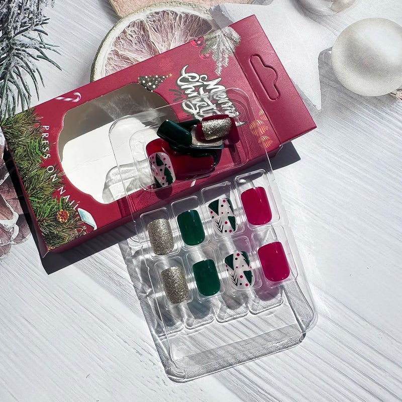 WULIUFLY Fast intercity distribution Christmas Press on Nails Short Square Fake Nails Glitter Green Acrylic Nails Kit with Christmas Tree Design Cute Xmas Nails Full Cover Artificial False Nails Christmas Glue on Nails for Women 24Pcs Repeated detach compatible build - Image 3
