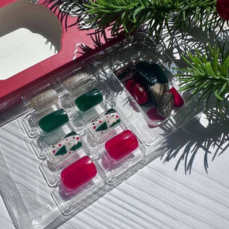 WULIUFLY Fast intercity distribution Christmas Press on Nails Short Square Fake Nails Glitter Green Acrylic Nails Kit with Christmas Tree Design Cute Xmas Nails Full Cover Artificial False Nails Christmas Glue on Nails for Women 24Pcs Repeated detach compatible build - Image 4