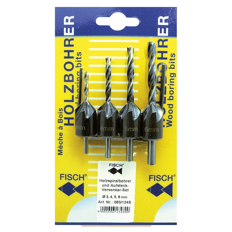 Fisch Countersink Wood Drill Combo Set 4 Piece Brad Point Drill Countersink Set Includes 18 532 316 14 with 2 Hex Keys FSH134800 Made in Austria