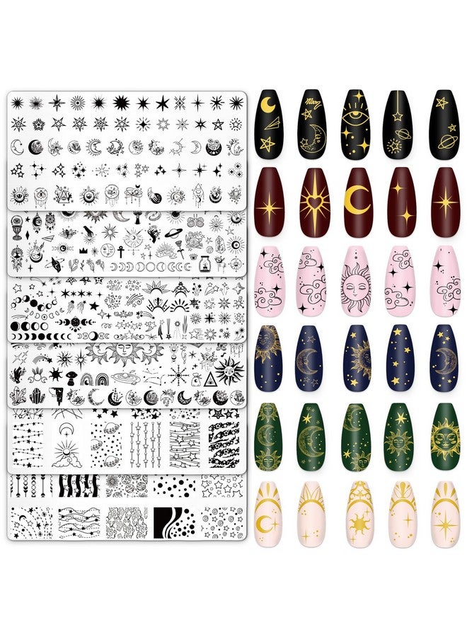 Whaline 6Pcs Sun Moon Star Nail Plates Stamping Set Groovy Stamp Templates Nail Art Plates for DIY Print Manicure Salon Design Gift Supplies - Image 1