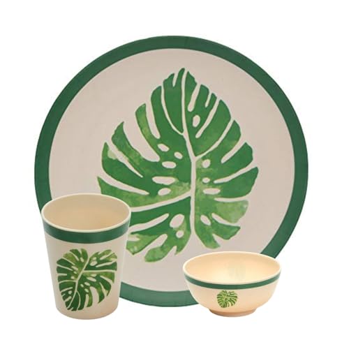 Red Butler Eco-Friendly Bamboo Fiber Dinner Set | 3-Piece Set with Plate, Bowl & Glass | Reusable, Stain Resistant, Sturdy Weight | Microwave Safe | Ideal for Single Person | Elegant Leaf Design - Image 1