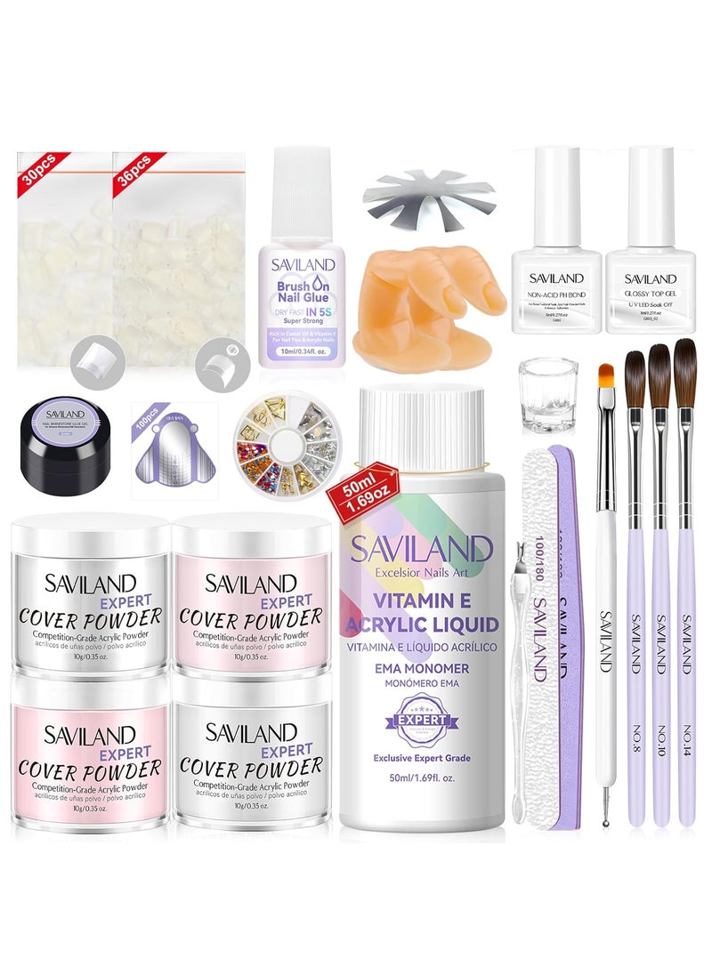 Saviland SAVILAND French Acrylic Nail Kit: Beginner Nail Kit Acrylic Set Easy to Use Acrylic Powder and Liquid Set with Half Cover Nail Tips Acrylic Nail Brushes Nail Tools for DIY French Manucure Kit 