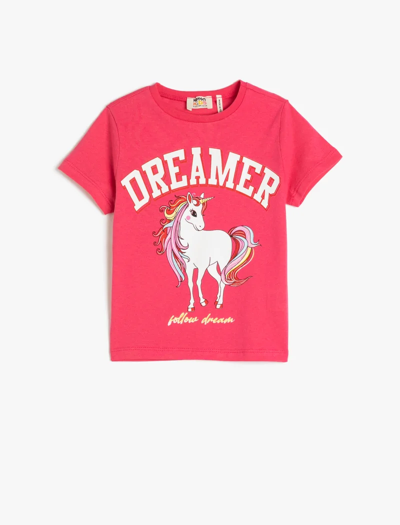 كوتون T-Shirt Short Sleeve Unicorn Printed Crew Neck Cotton