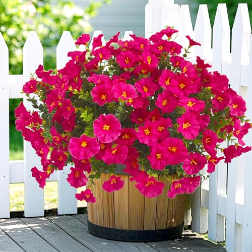 TSTWETO Artificial Faux Flowers for Outdoors 12 Bundles Artificial Plants Outdoor UV Resistant Fake Morning Glory Silk Flowers for Outside Planter Porch Patio YardRose Red - Image 1