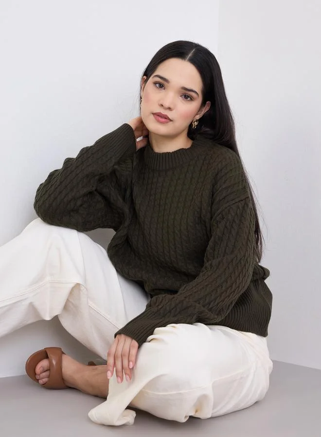 Styli Olive Cable Knit Boxy Fit Sweater