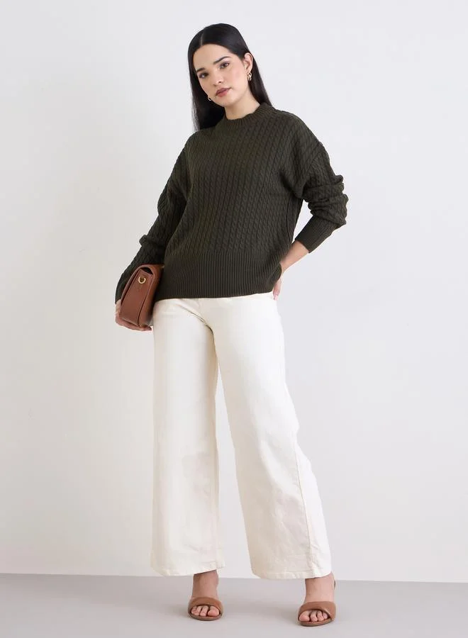 Styli Styli Olive Cable Knit Boxy Fit Sweater