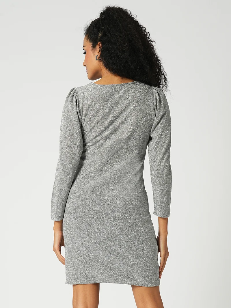 globus Women Round Neck Puff Sleeves Shimmer Mini Bodycon Party Dress