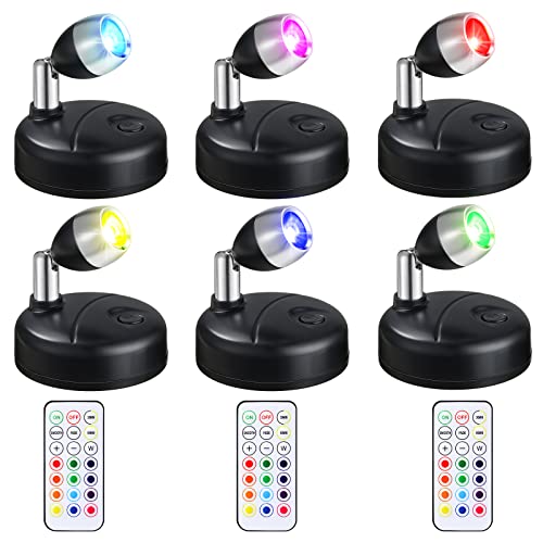Hortsun 6 Pieces Battery Operated Spotlights Indoor LED Wireless Spotlight Indoor 13 Color up Lights with Rotatable Light Head Stick on Wall Hallway for Painting Picture Artwork Closet (Black) - Image 1