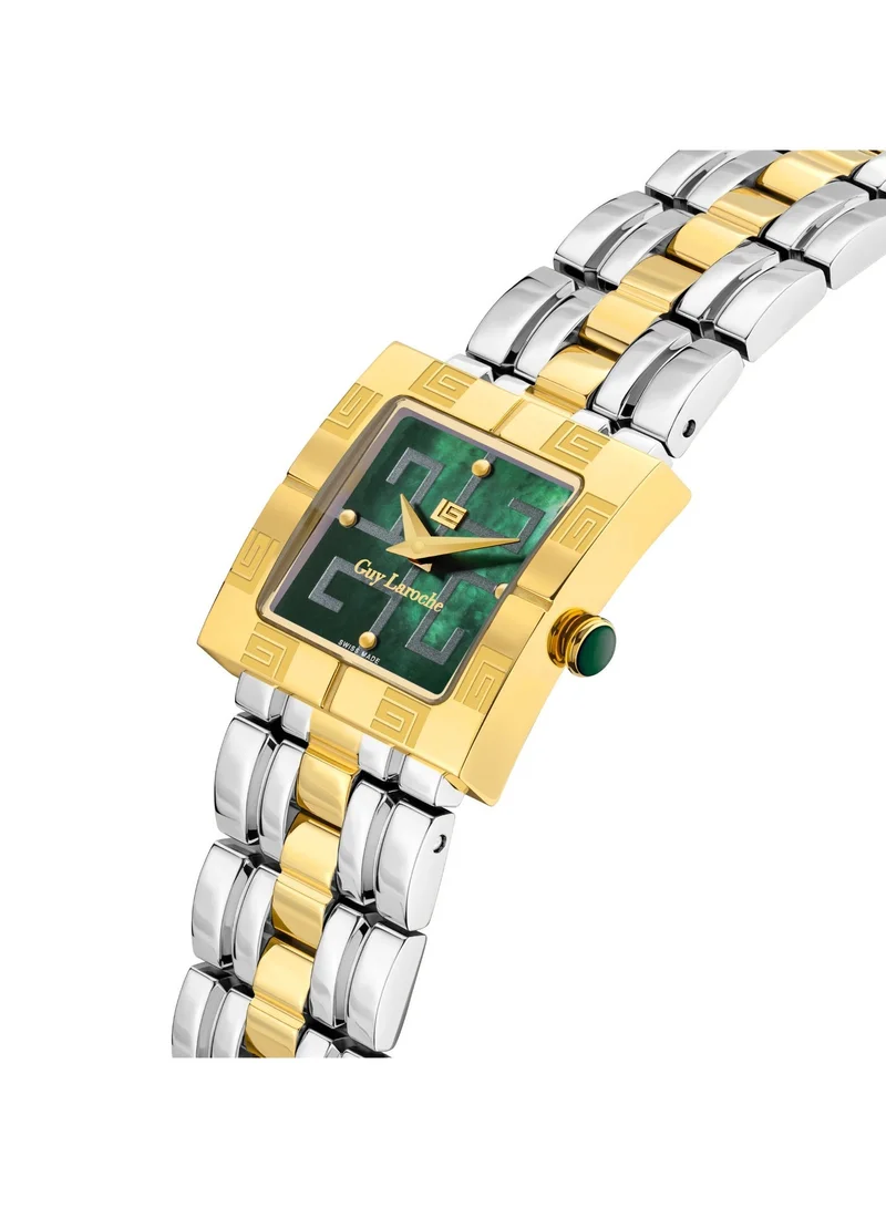 غاي لاروش ساعة كاميل نسائية سويسرية الصنع بقرص أخضر وسوار من الستانلس ستيل فضي وذهبي