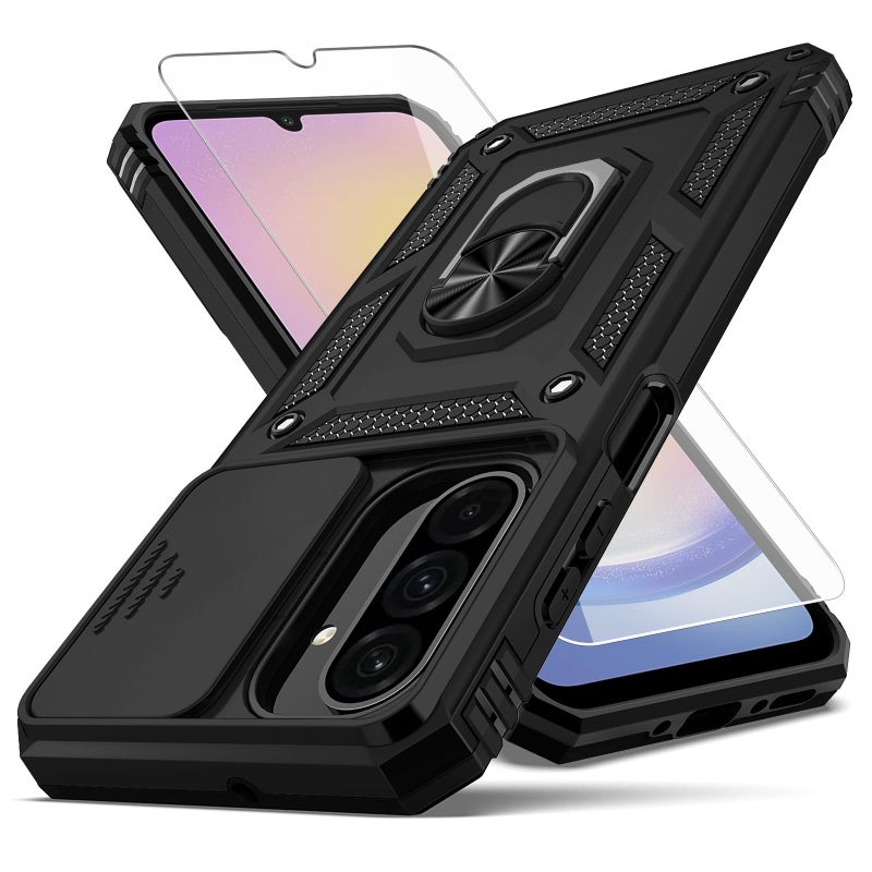 YZOK for Samsung Galaxy A17 5G Phone Case,with Camera Lens Cover HD Screen Protector,[Military Grade] Ring Car Mount Kickstand Hybrid Hard PC Soft TPU Shockproof Protective Case for Galaxy A17 5G, Black - Image 1